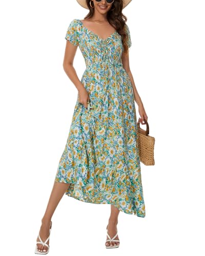 Image of Summer Smocked Boho Maxi Dress for Women 2026 Short Sleeve Floral Smocked Flowy Ruffled Beach Vacation Dresses Lightweight
