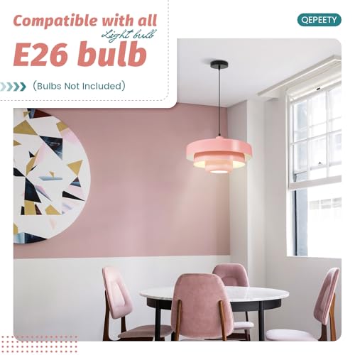 Image of 2-Pack Adjustable Pendant Lights, Scandinavian 3-Layer Pink Metal Pendant Lamp, 59 Inch Adjustable Wire Hanging Light, E26 Base for Kitchen Island Kids Room
