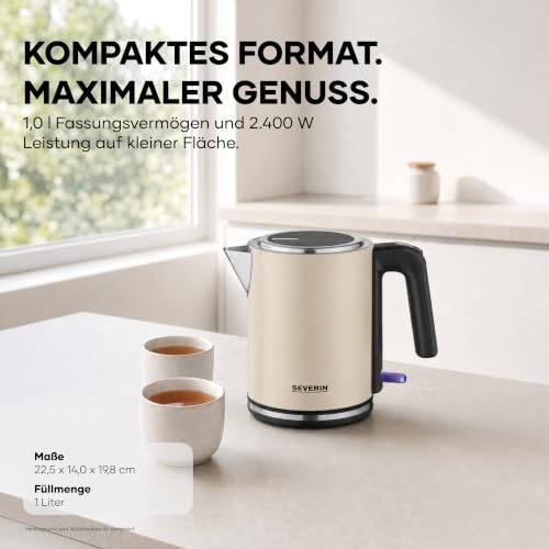 Severin elektrischer Wasserkocher 1L, Kalkfilter, 1-Hand-Bedienung, 2400 W – Ansicht 2