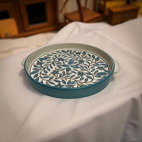 Image of Ceramic Serving Platter with Handles | (Turquiose) Floral Leaf Hand-Painted Stoneware Tray for Snacks, Appetizers, Salads & Noodles | Microwave & Dishwasher Safe