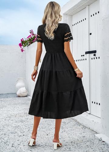 2025 Women’s Summer Midi Dresses Short Sleeve Smocked Tiered Dress Vacation Beach Wedding Guest Elegant Boho Sundress4