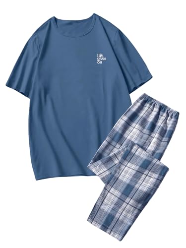 OYOANGLE Men's 2 Piece Pajama Set Short Sleeve Sleepwear Set with Short Sleeve Top and Pants Lounge Set