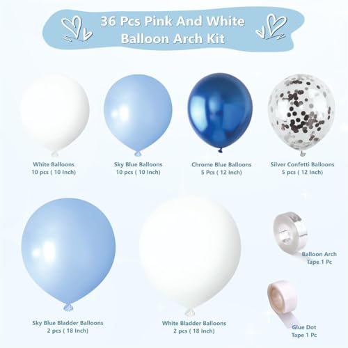 Image of 36 Pcs Set of blue, white and chrome blue balloons garland kit for Birthday Decoration, Baby shower, Home Decoration Items
