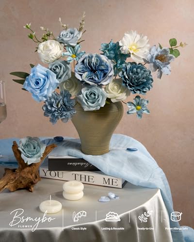 BSMYBO Artificial Blue Flowers Combo Box Set Baby Blue Rose Flowers Bulk Mix Dusty Blue Dahila Peonies Fake Silk Light Blue Flower Bouquets for Wedding Bridal Shower Table Centerpieces Home Decor - Image 4