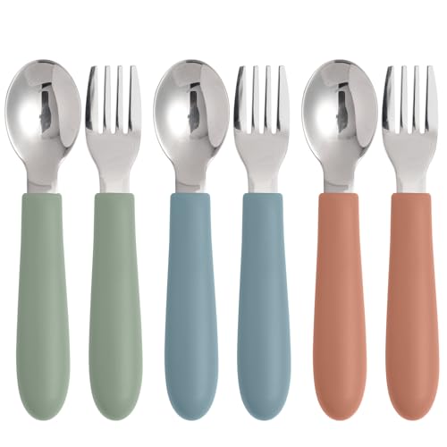 Eascrozn Toddler Utensils, Kids Silverware With Silicone Handle, Spoons And Forks Set, 18/8 Stainless Steel Children Safe Feeding Supplies, 6 Pack, Dishwasher Safe cover