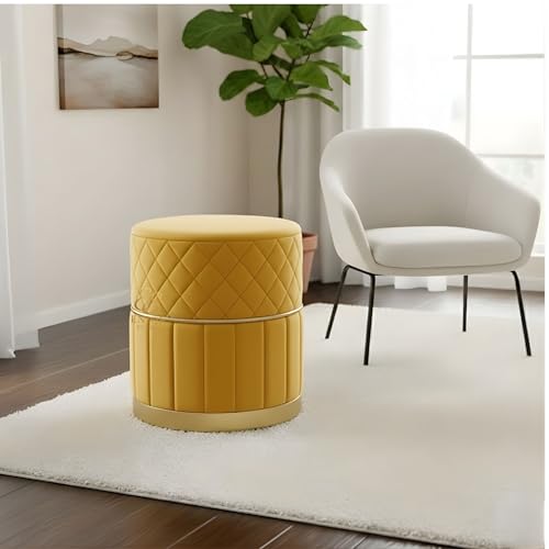 Image of ENIQE STORE Set of 2 Round Velvet Ottoman Footstool Gold Base - Tufted Upholstered Pouffe Stool for Living Room, Bedroom & Dressing Area (Yellow)