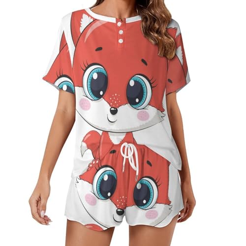 Pyjama pour femme manches courtes avec motif renard et oiseau pour l'été