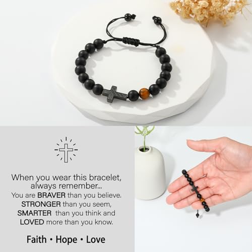 Image of P. BLAKE Cross Bracelet for Boys Men, American Flag Cross Natural Beads Bracelet Christian Religious Birthday Jewelry Gifts for Teen Boys