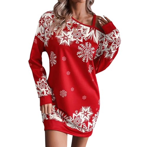 Generisch Weihnachten Kleid Damen Schulterfrei Langarm Weihnachtskleid Schneeflocke Bedrucken Minikleid Christmas Knielang Tunika Kleider Festliche...