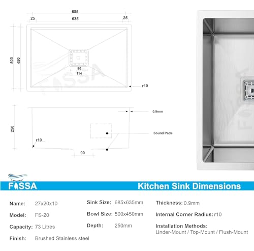 Image of Fossa 27 inchx20 inchx10 inch Premium Stainless Steel Handmade Single Bowl Kitchen Sink | Sink with Waste Coupling and PVC Waste Pipe in Silver (Matte Finish)