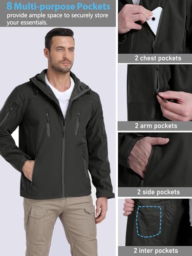 NAVEKULL Men's Tactical Jacket Waterproof Softshell Fleece Lined Hooded Coats Outdoor Hiking Windbreaker3