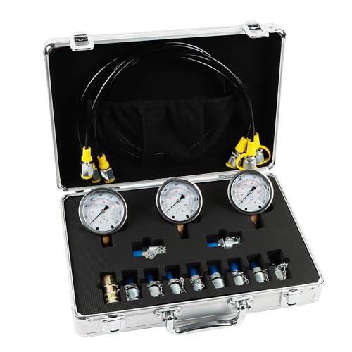 Hydraulic Pressure Gauge Test Kit Tractor Hydraulic Tester Set with 3 Gauges(25/40/60Mpa) 3 Hoses(64.5in) 11 Quick Connectors for Excavator Construction Machinery(Silver)