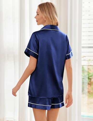 Image of Ekouaer Womens Silk Satin Pajama Sets Soft Short Sleeve Button Down Sleepwear Top and Shorts 2 Piece Pjs Lounge Set
