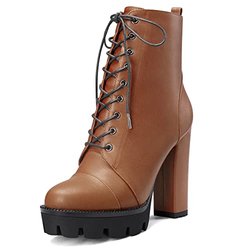 HEUIVZAR Womens Platform Ankle Boots Short Bootie High Chunky Block Heel Closed Toe Matte Shoes Lace-up Zipper 5 Inch