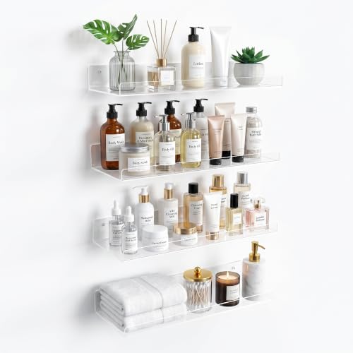 Image of upsimples 15 inch x 6 inch Acrylic Shelves for Wall Storage and Organizer, 4 Pcs | Versatile Floating Shelf for Skincare, Bag, Wall Organizer for Bathroom, Bedroom, Living Room, Kitchen, Playroom, Room Decor