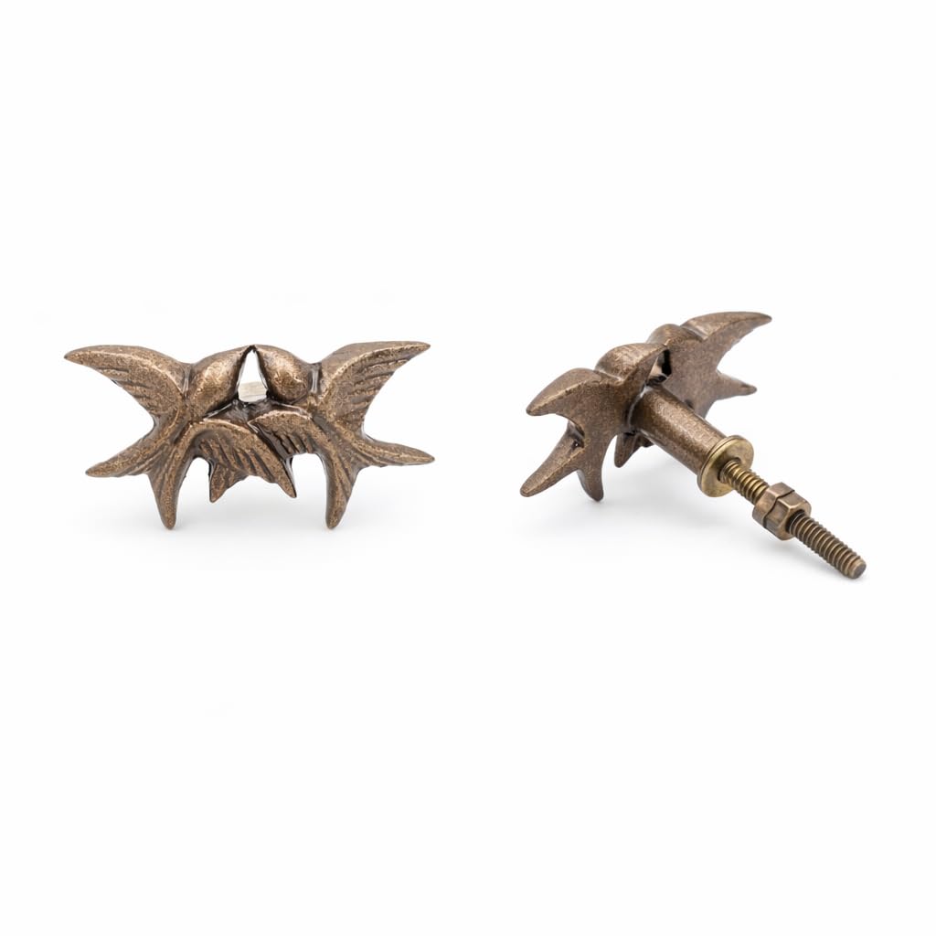 Set of 2 Solid Brass Cabinet Knobs – Vintage Antique Round Drawer Knobs with Handcrafted Textured Finish – Heavy Duty Kitchen Cupboard Pull Handles (6.8 cm Screw Length, 3.8 cm Base) (Twin Eage)