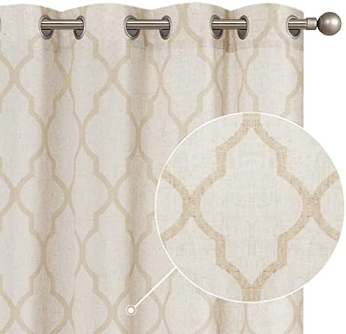 jinchan Linen Curtains Living Room Drapes Moroccan Tile Pattern Window Treatment for Bedroom Curtain Light Filtering Curtains Flax Textured Lattice Grommet 84 Inch Length 2 Panels Set Beige