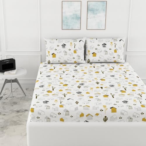 Image of LORETO - A QUALITY LINEN BRAND 144 TC 100% Pure Cotton King Size Fitted Bedsheet with 2 Pillow Covers for 72 x 72 Inch Mattress, All-Around Elastic, 8 Inch Deep Pocket, White Kids House Pattern