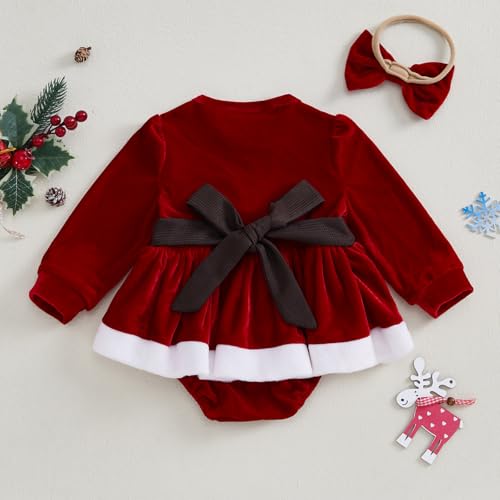 Baby Girl Christmas Outfit Bow Velvet Long Sleeve Romper Dress Newborn Infant Baby Girls Fall Winter Clothes (Red White, 0-3 Months)4