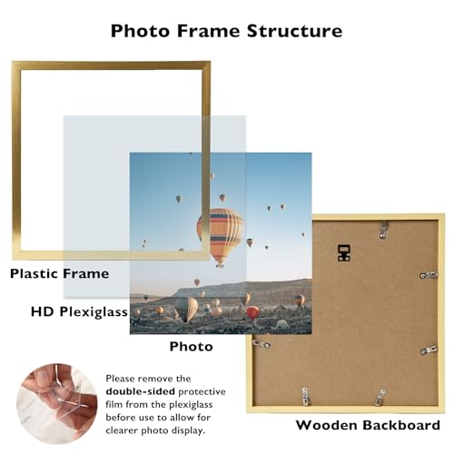 Image of JCJMY 12x12 inch Picture Frame, Horizontal and Vertical Formats for Wall Hanging, 12 x 12 Wall Gallery Poster Photo Frame with Shatter Resistant Plexiglass, Gold