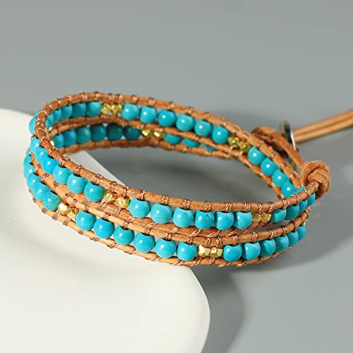 Image of KELITCH Double Wrap Bracelet Women Hand-Braided Turquoise Beads Bracelets Boho Leather Bracelets Bangle