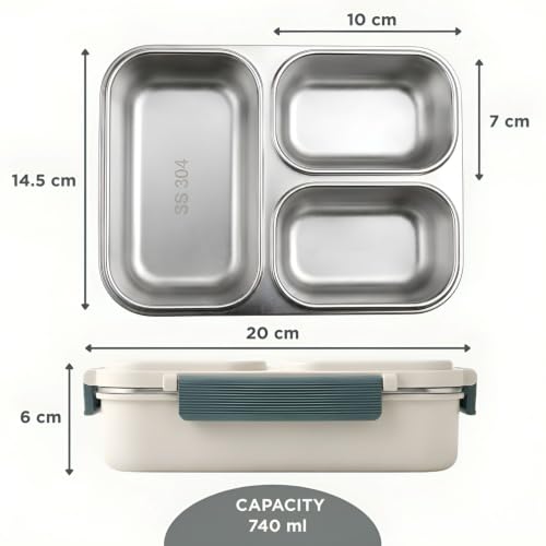 Image of Allo Bento Stainless Steel Lunch Box for Kids- BIS Approved, 304 Stainless Steel 3 Compartment Leakproof Tiffin Box for Boys and Girls for School, Travelling, Baby Snacks, 740ml Green Panda