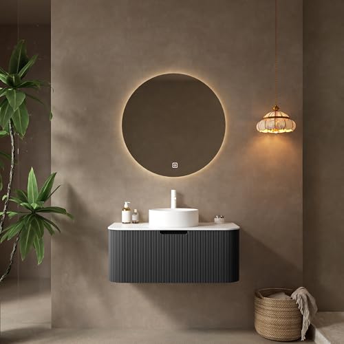 Image of KEIKI 36 inch Bathroom Vanity Cabinet with Sink Combo, Wall Mounted Curved Edges Striped Floating Bathroom Vanity with Soft-Close Drawer, White Round Ceramic Basin Without Faucet, Black