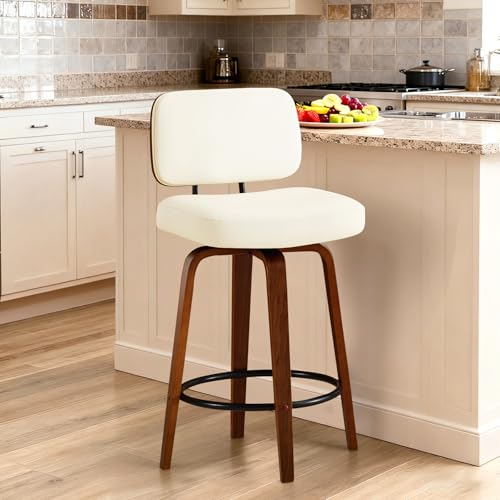 Image of Counter Height Bar Stools Set of 1, 26+inch Swivel Faux Leather Barstool with Back, Upholstered Mid-Century Modern Bar Chairs with Bent Wood Legs for Kitchen Counter, Dining Room, Cream White