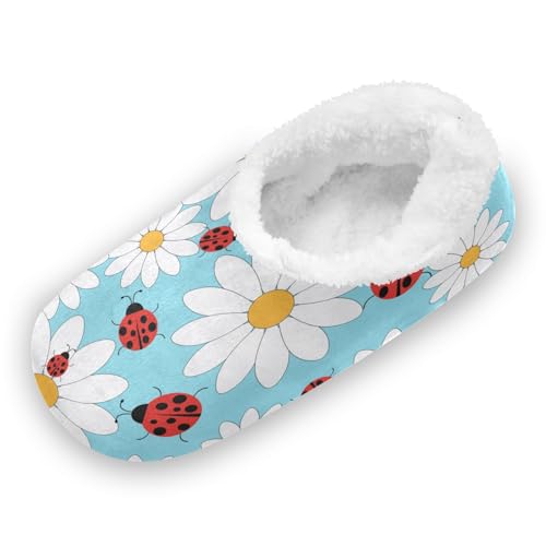 OTVEE Unisex Slipper Daisy and Ladybugs Coral Fleece House Slipper Anti-Skid Indoor Socks House Shoes for Men and Women-XL - Main Image
