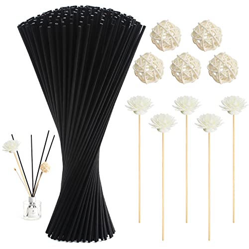 210 Pcs Varillas Difusoras de Lámina Natural Aroma Diffuser Sticks, 24cm Varillas Difusoras con Decoración Takraw, Ambientador Varilla de Ratán Negro Reed Diffuser Stick para Aceite Esencial de Aroma
