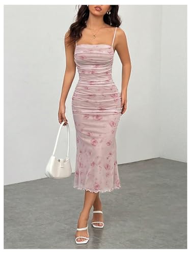 WDIRARA Women's Floral Print Ruched Sleeveless Cami Dress Fishtail Bodycon Midi Dress4