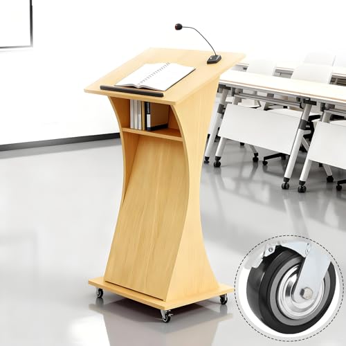 Image of Portable Wooden Podium Stand with Lockable Wheels, 42.5 inch Height Rolling Lectern for Churches, Lightweight White Pulpit, Perfect for Presentations & Events