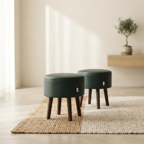 Image of Stool Ottoman Pouffes for Living Room, Kitchen, Home, Office Furniture with Soft Cotton Cushion Mudda Footrest Stool for Chair Sofa Bed Dressing Decor, Green Leather (17 Inch Pack of 2)