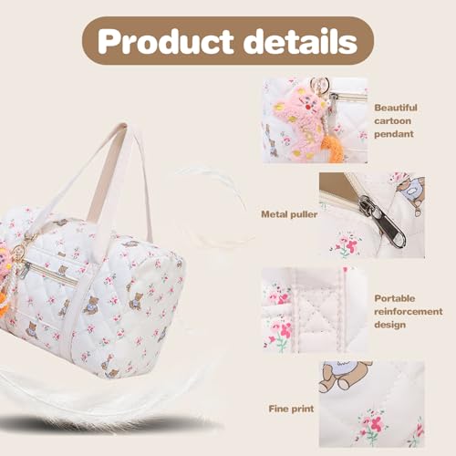 Puffer Duffle Bag for Women, Large Capacity Quilted Duffle Bag with Cute Charm, Cute Floral Coquette with Zipper Carry on for Girls Travel Puffer for Women3