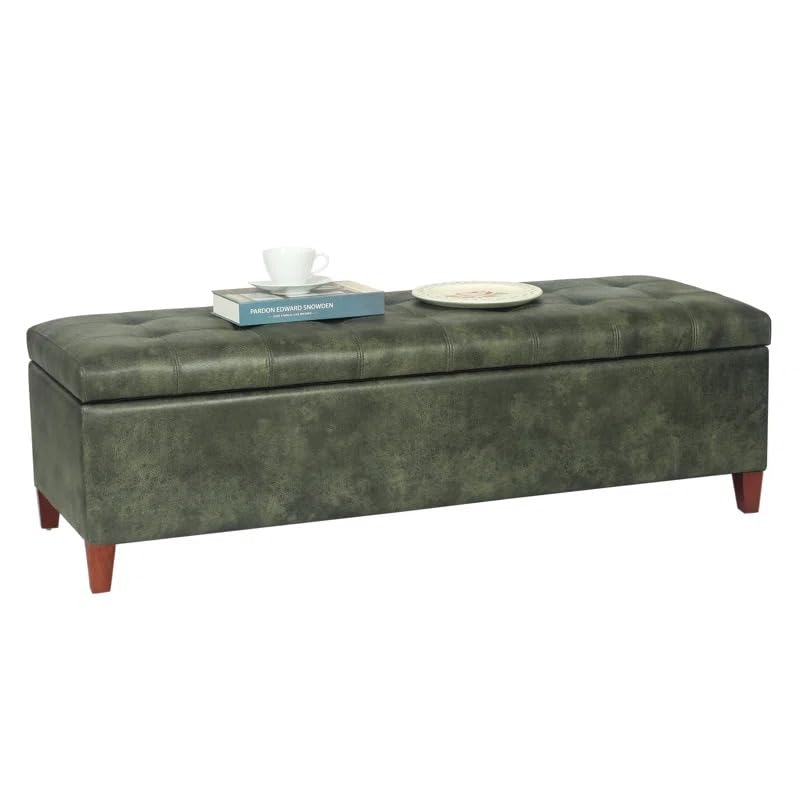 Image of LEGACY OF COMFORT Nysir 2 Seater Sofa Upholstered Ottoman Bench with Storage, for Living Room, Bedroom, Entryway (Dark Green Leather)