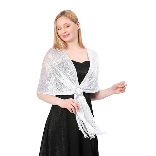 Image of Stoles for Evening Dress with Buckle, Fringes - Polyester Blend, Shimmer Stole Wraps for Weddings, Party | Women's Clothing