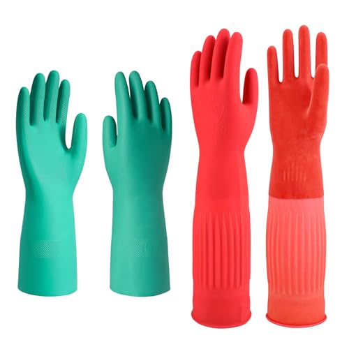 North Tower Rubber Kitchen Dishwashing Gloves(2pair Red+Green (Large)