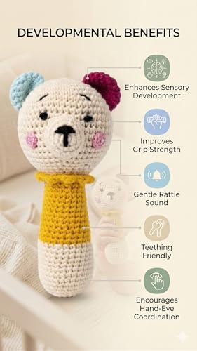 Image of Handmade Crochet Baby Rattle Toy - Soft Amigurumi Bear Teether Rattle for Newborns, Infant Sensory Toy, Baby Shower Gift (Multicolor)