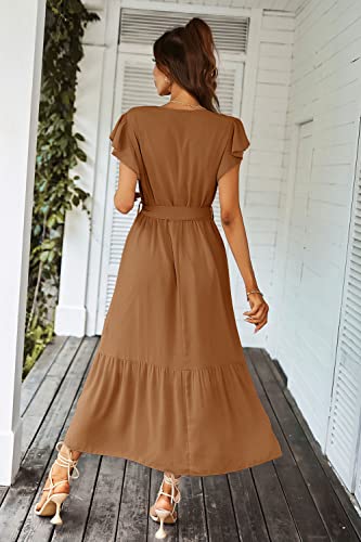 PRETTYGARDEN Women's Summer Floral Boho Maxi Dress Wrap Short Sleeve V Neck Ruffle A-Line Flowy Wedding Guest Long Dresses