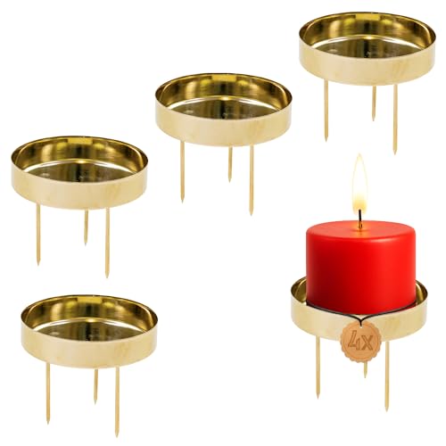 matches21 HOME & HOBBY Set di 4 piatti per candela, in metallo dorato, Ø 6,1 cm, con 3 spine, corona dell'Avvento, portacandele