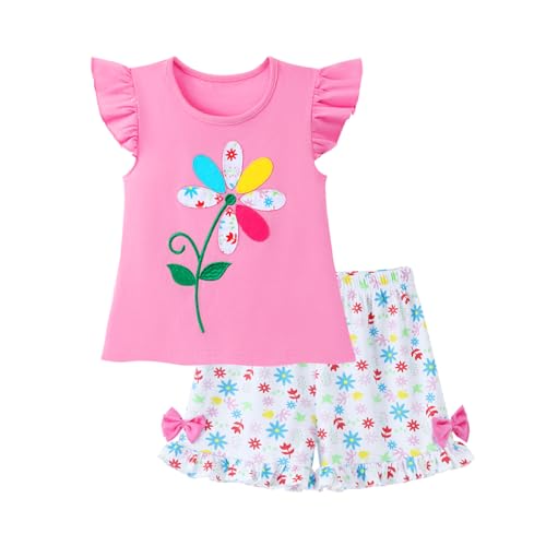 Image of HILEELANG Toddler Girl Summer Short Outfit Sets Cotton Short Sleeve Tops Tees Shorts Clothing Sets