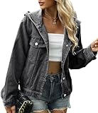 KOOSUFA Womens Hooded Denim Jackets Casual Long Sleeve Jacket with Hood Button Down Distressed Jean Jackets Hoodie Black-grey, XL