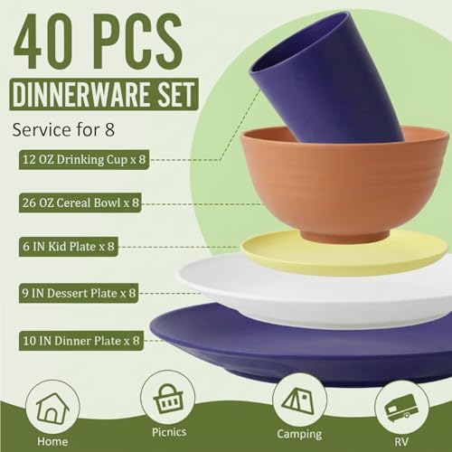 Image of Wheat Straw Dinnerware Sets 40 PCS - Dishes Set for 8 Unbreakable Plates and Bowls Sets with Cups Dishwasher & Microwave Safe Lightweight Dinnerware for Kitchen Camping RV - Mondrian Colors