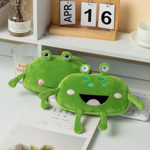 Image of HSYHERE Cute Novelty Funny Big Eyes Big Mouth Happy Smiling Green Frog Soft Stuffed Surface Fluffy Clothes Zipper Pencil Box Pencil Case Pencil Storage Holder Pouch Pen Bag -Laughing