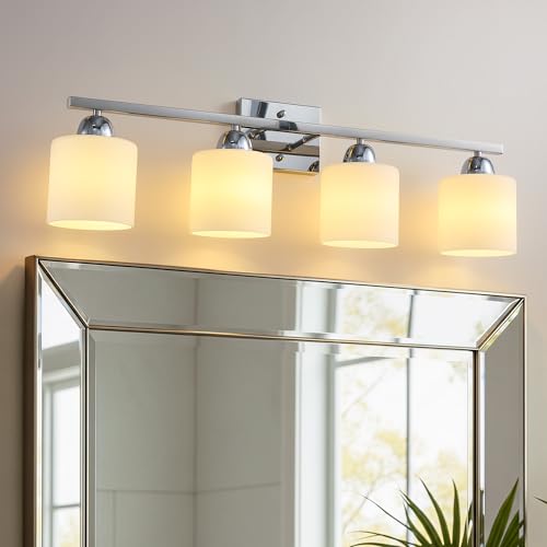 Image of Mecgirn Stainless Steel Milk Glass Vanity Lights for Bathroom, 4 Light Chrome Bathroom Light Fixtures Over Mirror, Ceramic E26 Sockets Wall Mounted