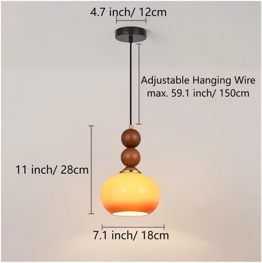 Orange Glass Pendant Light Mid Century Wood Hanging Lamp Adjustable Wire Pendant Lights for Bedroom Living Room Kitchen Island(1 Light)