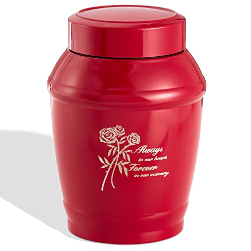 Image of Red Medium Urn for Human Ashes Adult Female /Male | 5.7 inch Roses Medium Urn for Human Ashes Mom Girl Grandma,Stainless Steel Decorative Funeral Cremation Urn for Women Man Remains