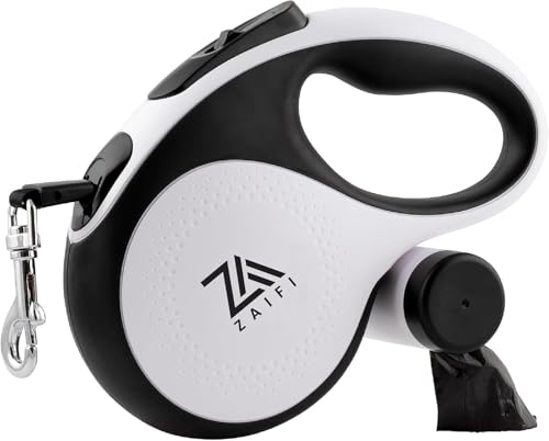 ZAIFI Retractable Dog Lead with Poo Bag Holder, 8m/26ft Extendable Dog Leash with 360° Tangle-Free Design, Suitable for Dogs Up to 50Kg/110Lbs Anti-Slip Handle and One-Handed Brake