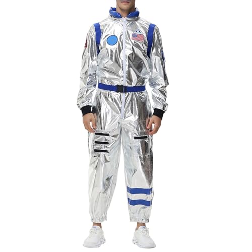 Generisch Disfraz unisex de astronauta para carnaval actuaciones escénicas con guantes de casco como juego completo en acabado plateado para eventos excepcionales (azul, XL)
