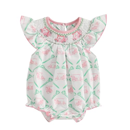 Image of Chloefairy Newborn Baby Girl Golf Outfit Smocked Golf Cart Bubble Romper Ruffle Onesie Bodysuit Infant Summer Clothes
